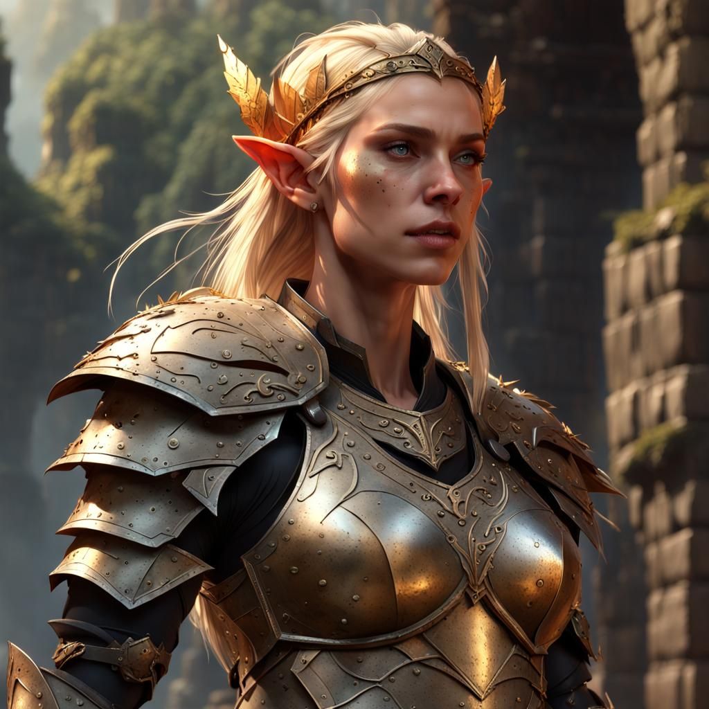 Elven Warrior in Metal Leaf Armor: Dark Fantasy Art