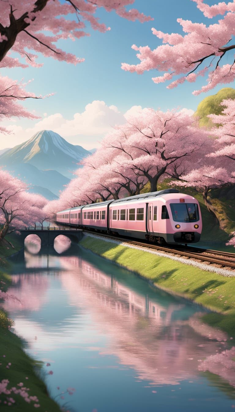 A JR train (iconic lemon-green-alu color) hurtles through a tunnel lined with ancient cherry blossom trees, their delica...
