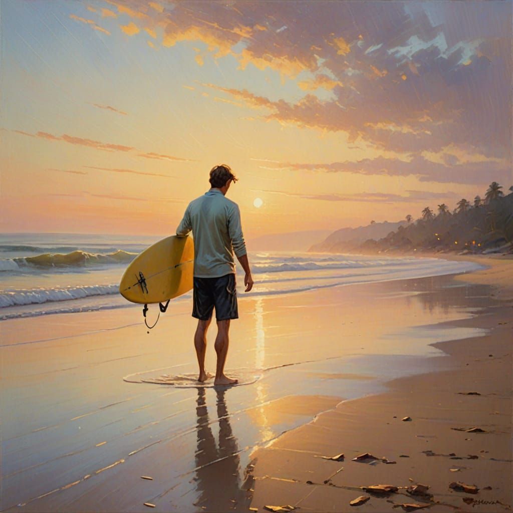 Impressionist Beach Scene at Sunset with Surfboard