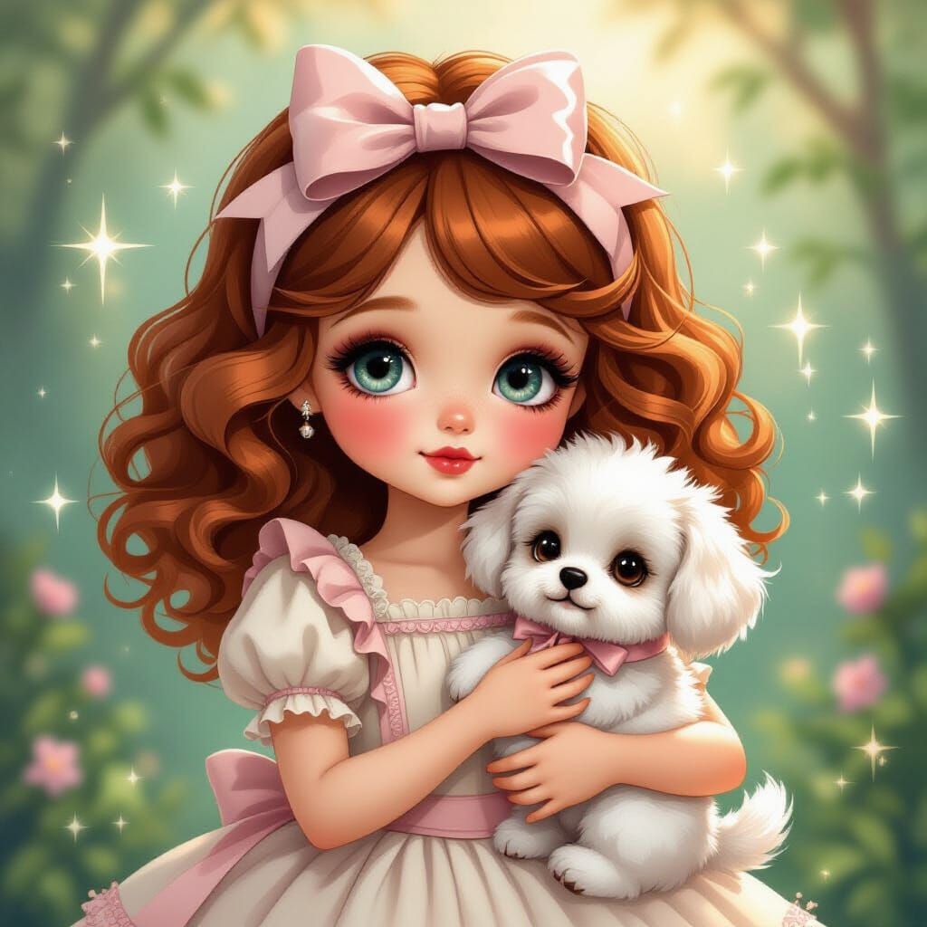 Whimsical Doll Girl with Dog in Fairytale Setting