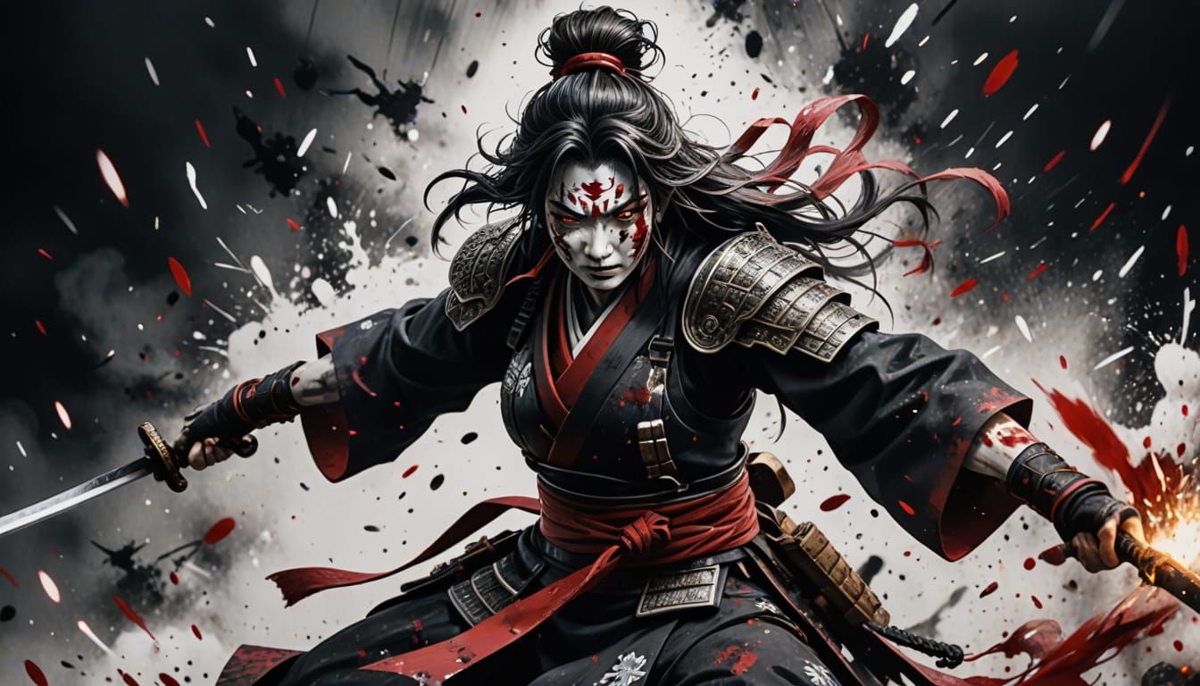 Tomoe Gozen: Samurai Decapitation in Sumi-e Style