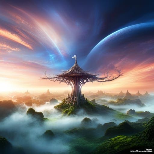 Rainbow Flower Above Clouds, Fantasy Concept Art