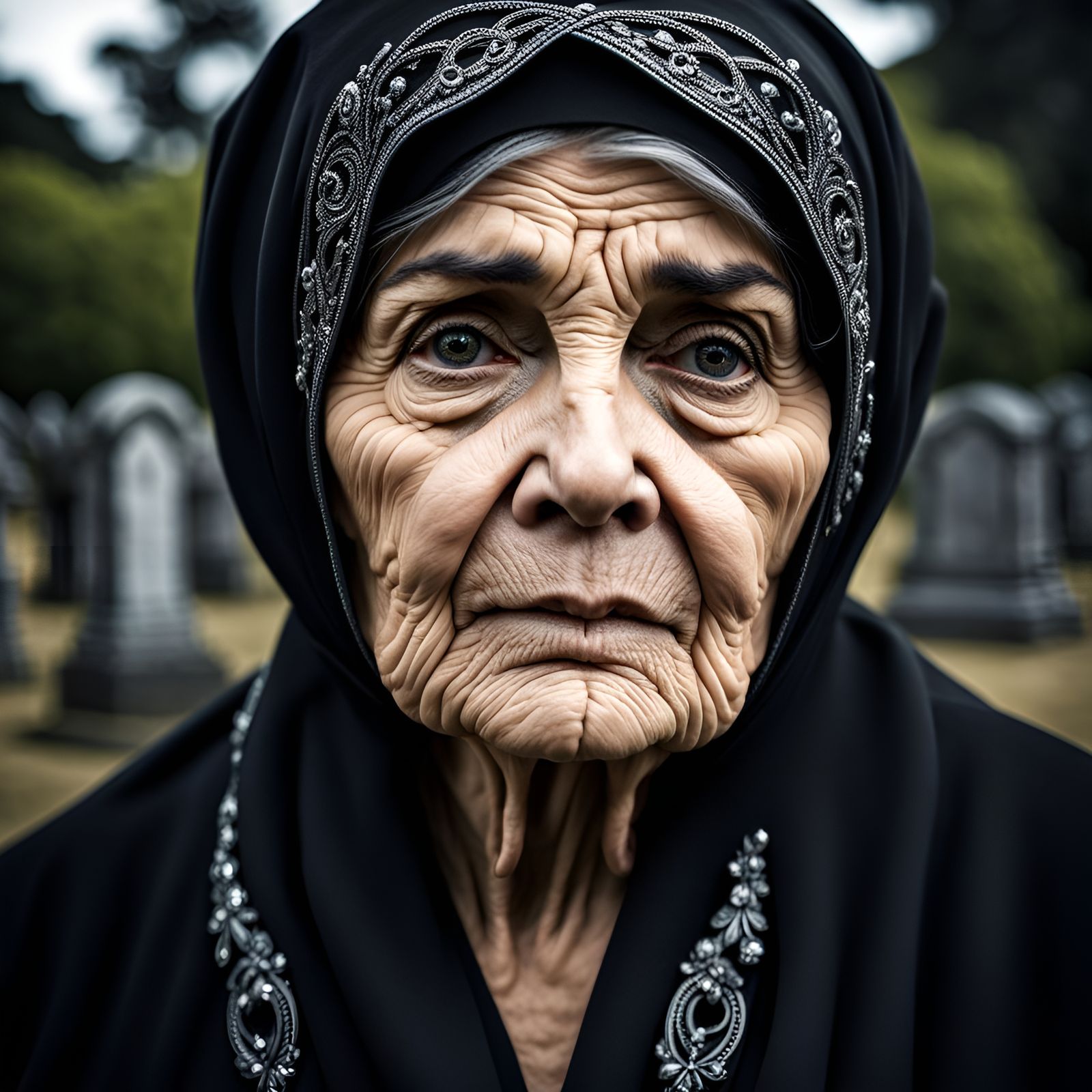 Mourning Woman's Tear in Cemetery, Hyperrealistic Photograph...