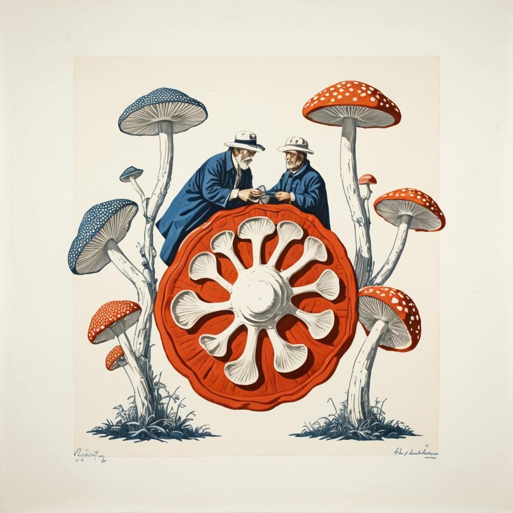 Linocut: Activists Tending Giant Mushrooms