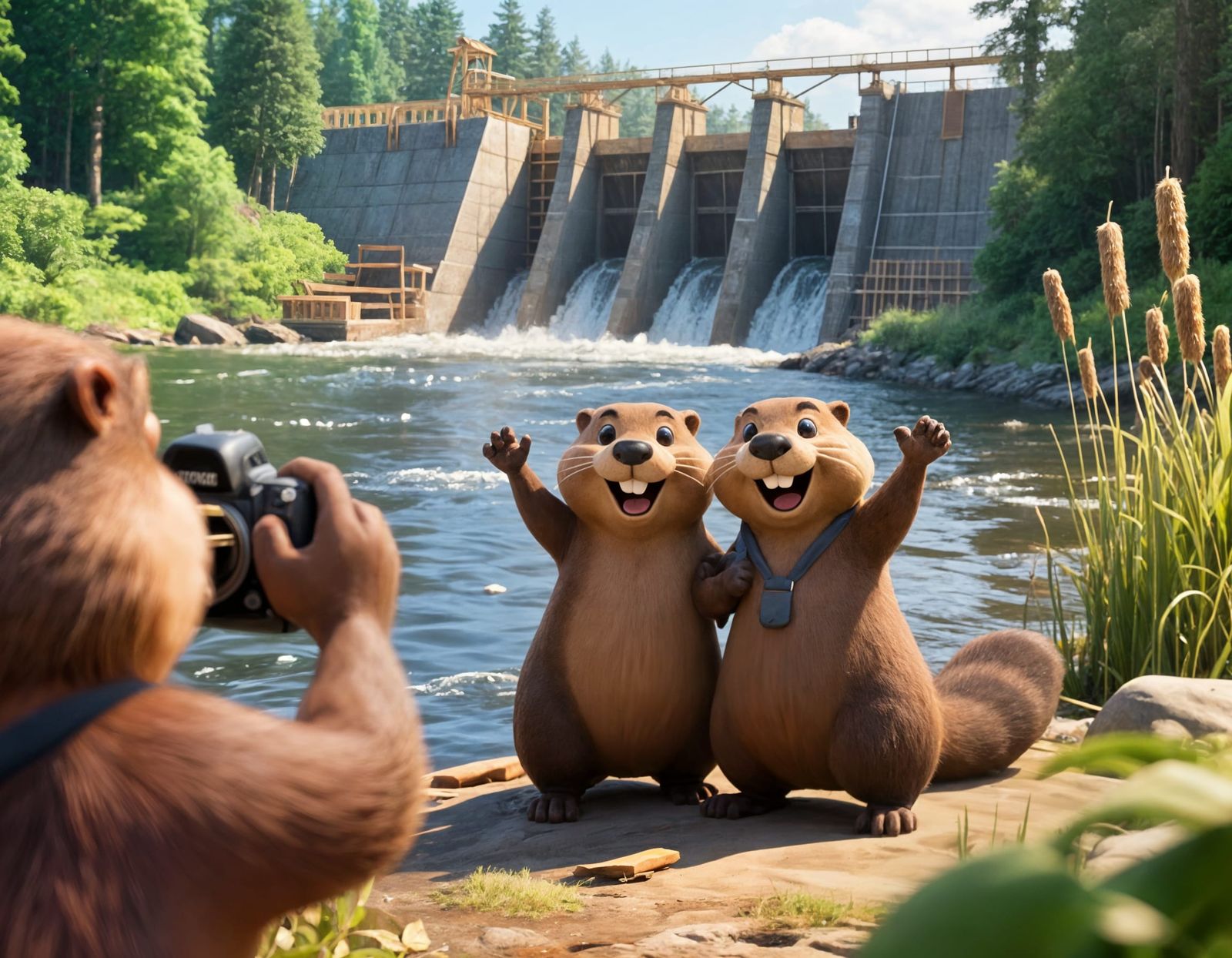Cartoon Beavers Proudly Posing by Dam: 3D Animation