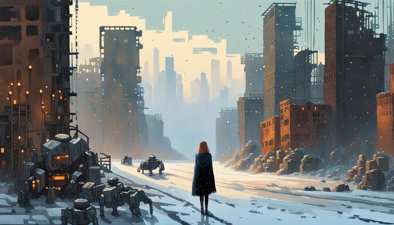 Winter Ruins in Pixel Art with Robots and a Cape-Wearing Wom...