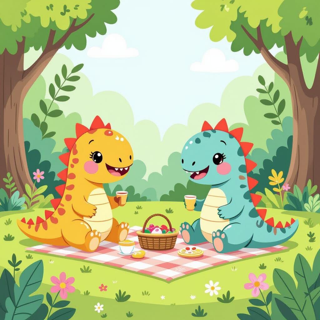 Kawaii Dinosaurs Picnic in a Prehistoric Jungle