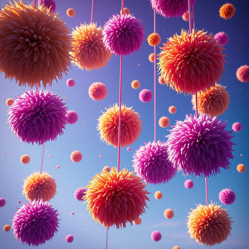Surreal Pom Poms Defy Gravity in Dreamlike, High-Contrast Sc...
