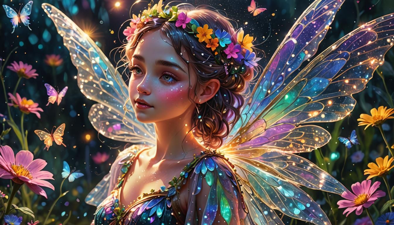 Celestial Fairy in Enchanted Garden: Holographic Astral Art