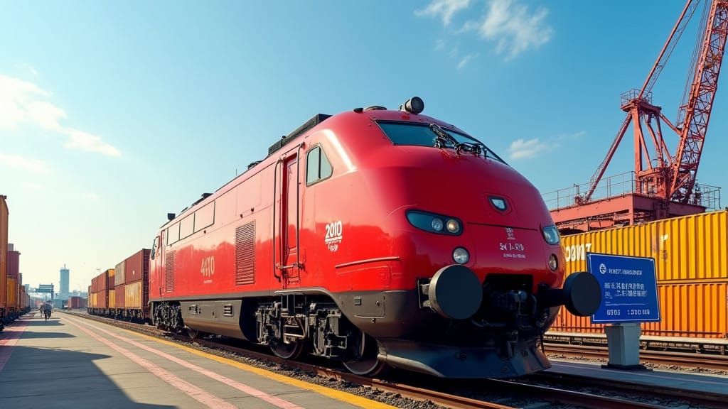Vibrant Red Locomotive at Railway Platform in Industrial Lan...