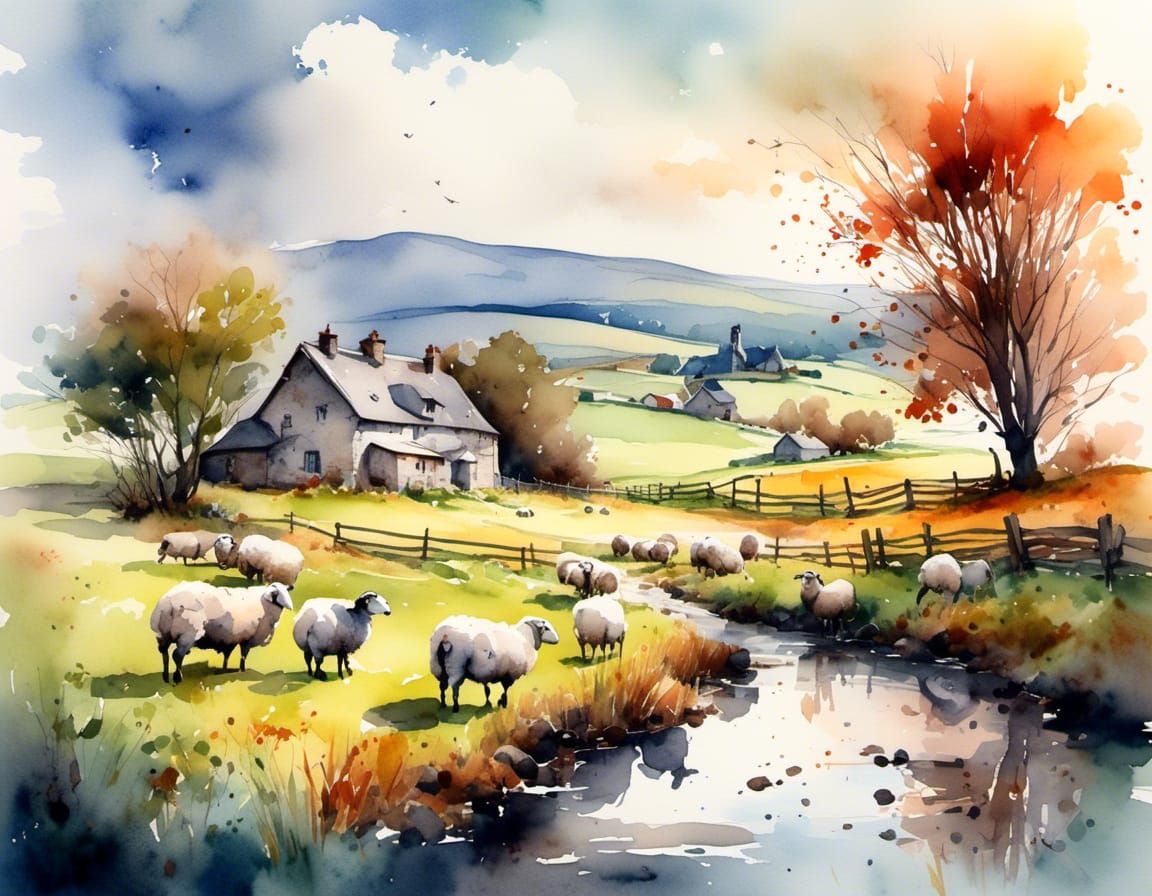 Irish Sheep Farm in Detailed Abstract Watercolor