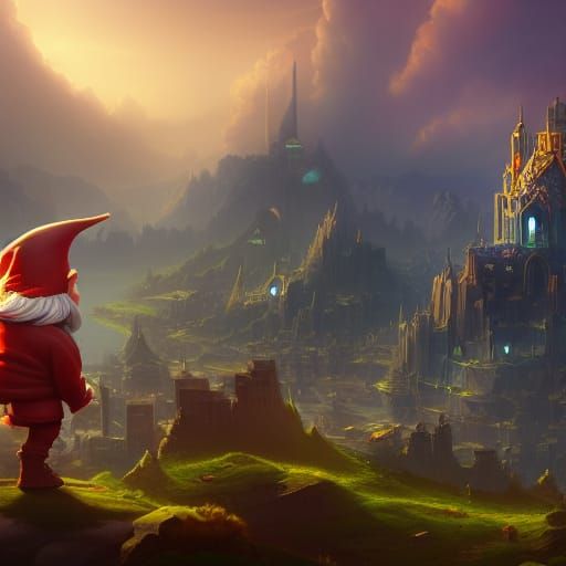 Gigantic Gnome Overlooking City: Fantasy Concept Art