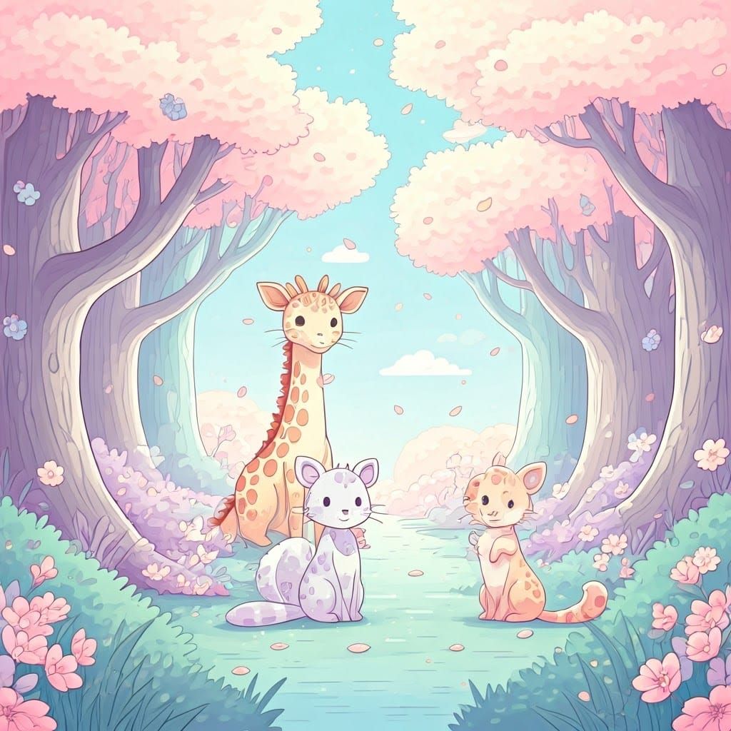 Adorable Kawaii Animals in Pastel Blossom Forest