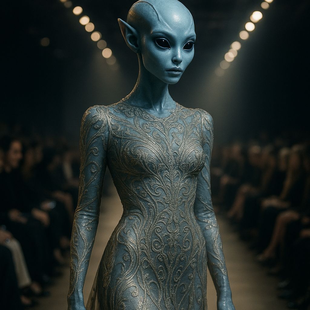 Alien Model Walks Runway in Hyperrealistic Style