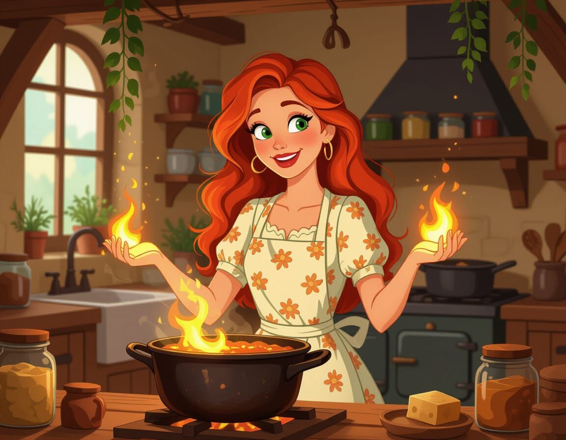 Redhead Sorceress Cooks Stew in Cozy Kitchen