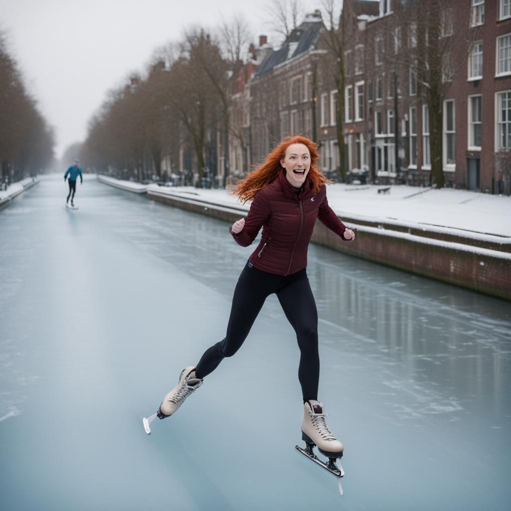 Redhead Glides Over Frozen Canal on Skates