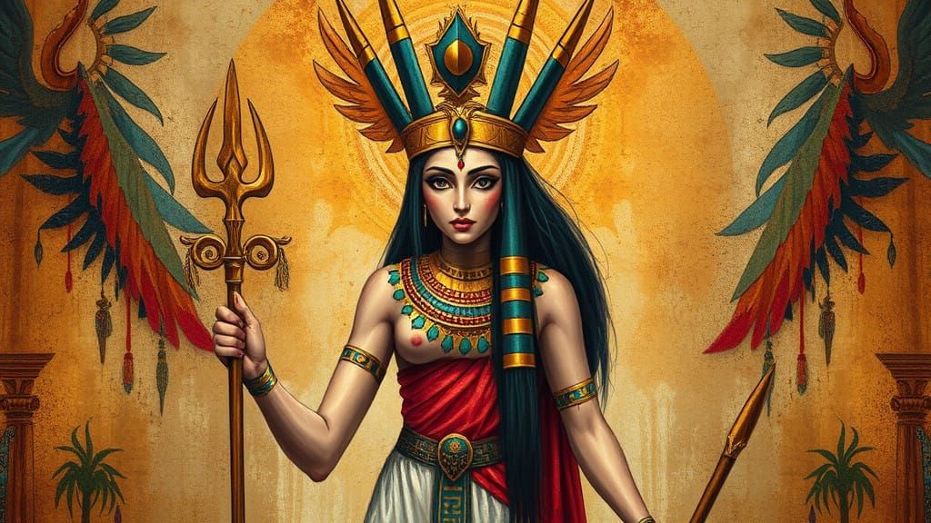 Ancient Egyptian Goddess of Love and Beauty in Vibrant Abstr...