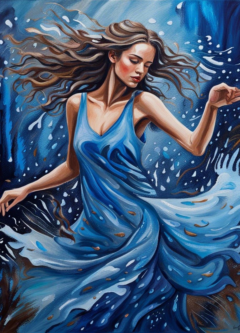 Girl Dancing in Rainy Flower Field: Blue Splash Art