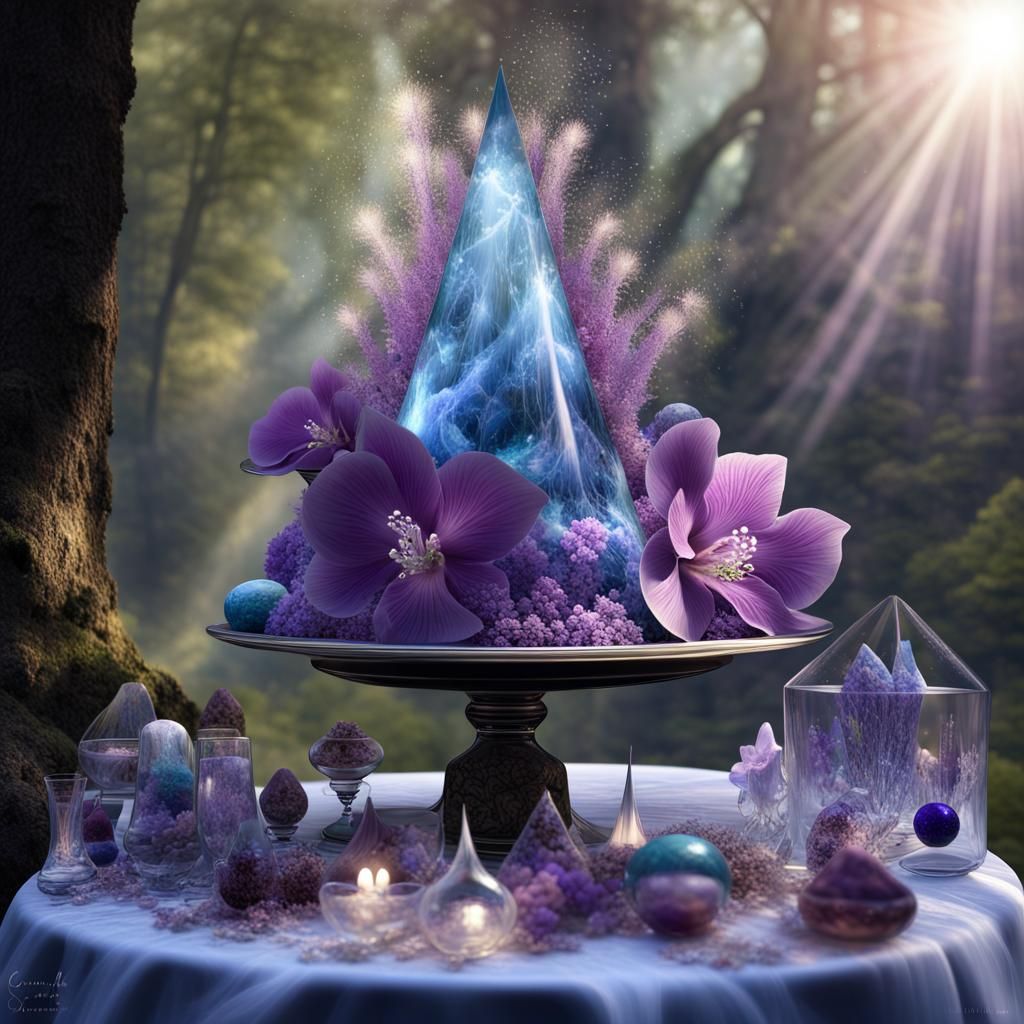 Ornate Fractal Wiccan Wedding Cake in Sunlit Forest