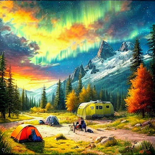 Neon Aurora Over Campsite as Oil Painting