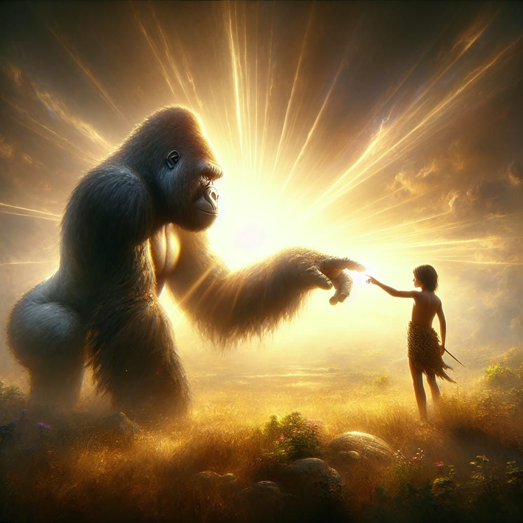 Cosmic Meeting: Gorilla and Caveman in Digital Art