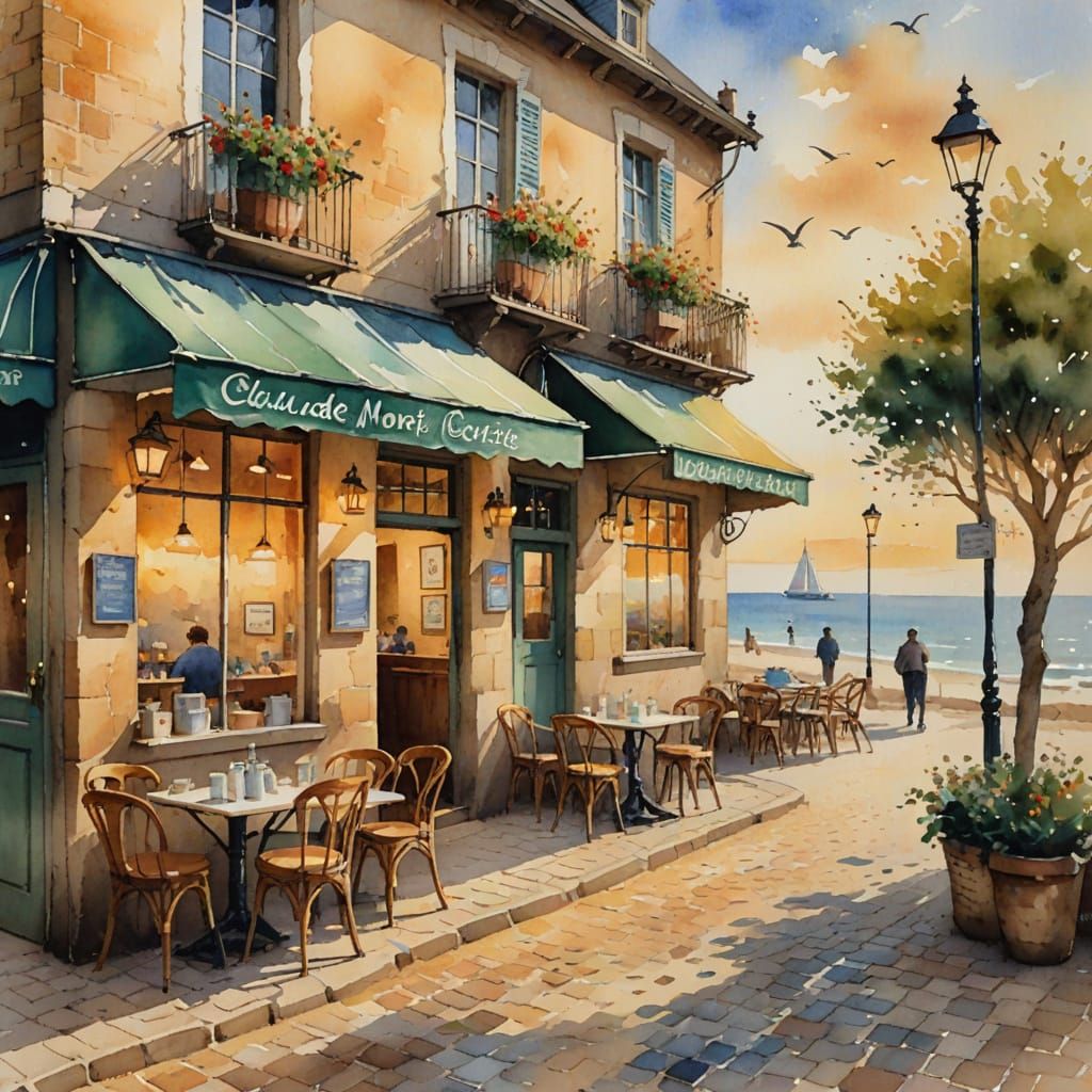 Quaint Beach Coffee Shop: Impressionist Watercolor Painting