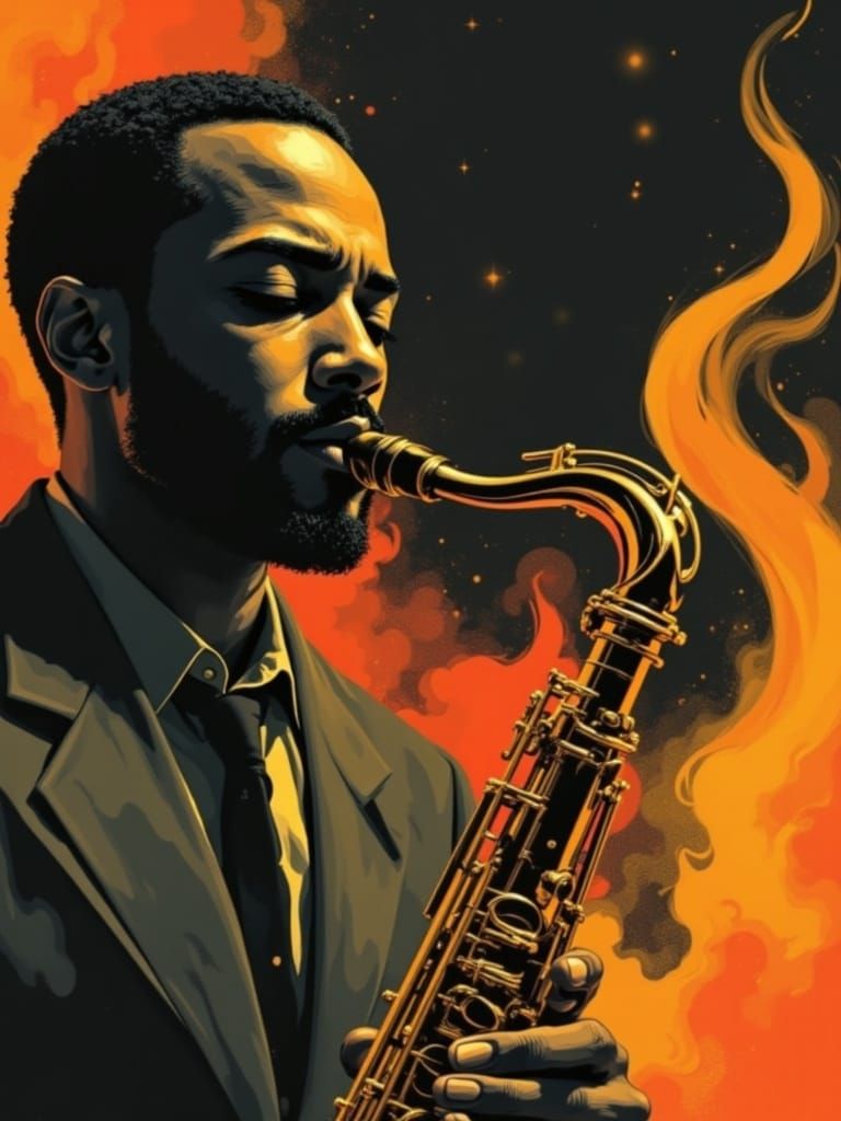 Mid-Century Jazz Icon in Bold, Flat Graphic Style