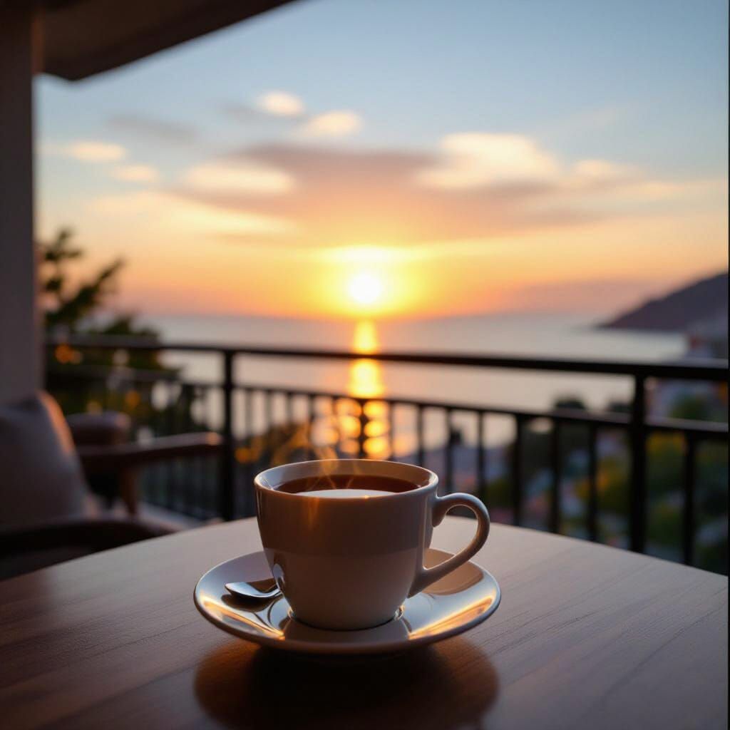 Sunrise Balcony Sea View With Steaming Tea