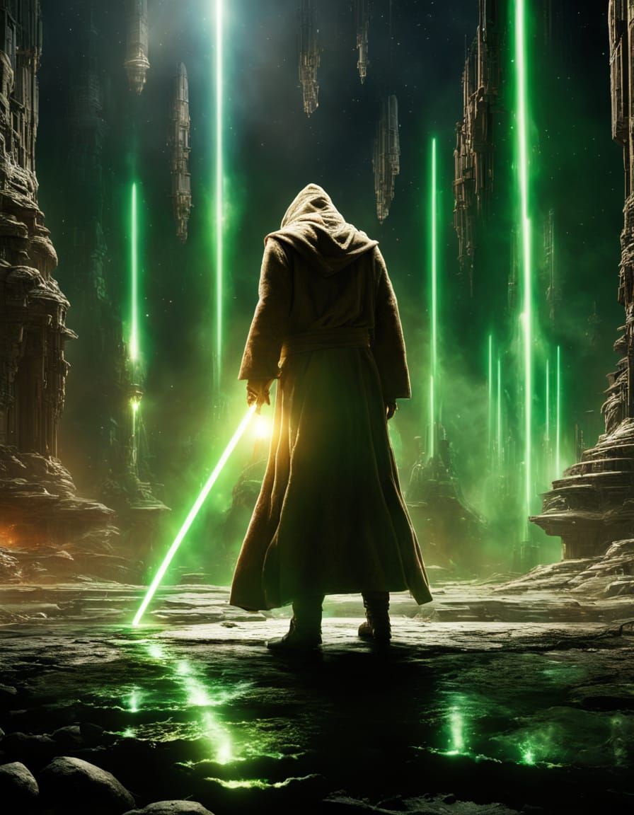 Wise Human Jedi Warrior in Epic Close-Up, Lit by Green Light...