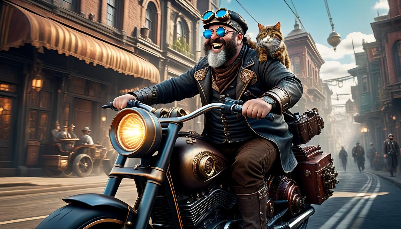 Steampunk Man's Joyful Ride Through a City