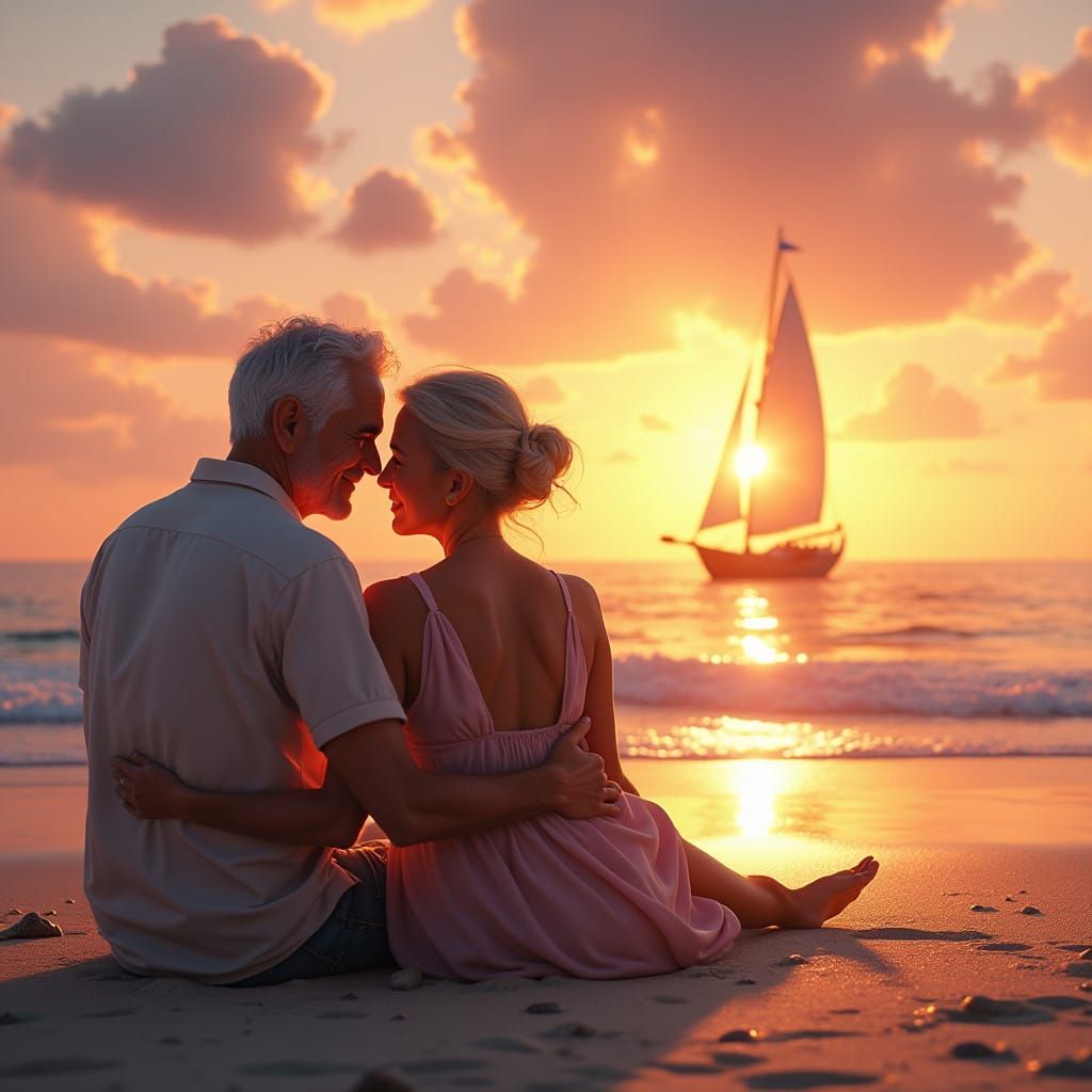 Romantic Sunset Beach Scene with Loving Senior Couple