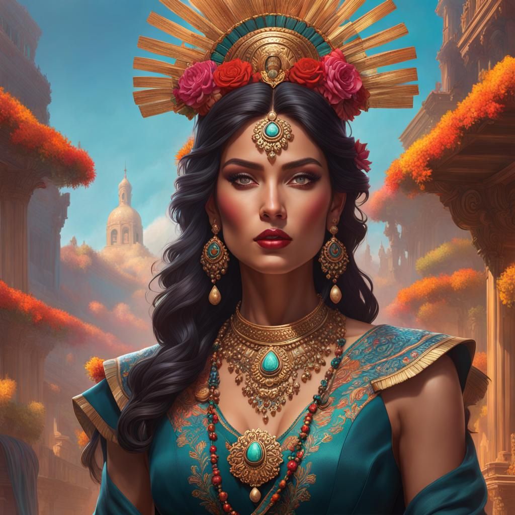 Mexican Goddess Portrait in Hyperdetailed Art Nouveau Style