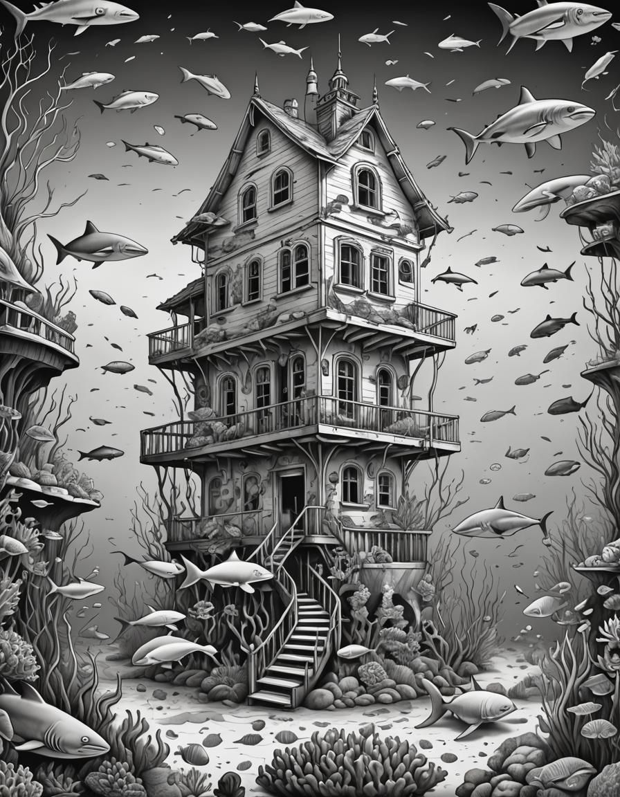 Underwater House: Black and White Ocean Coloring Page