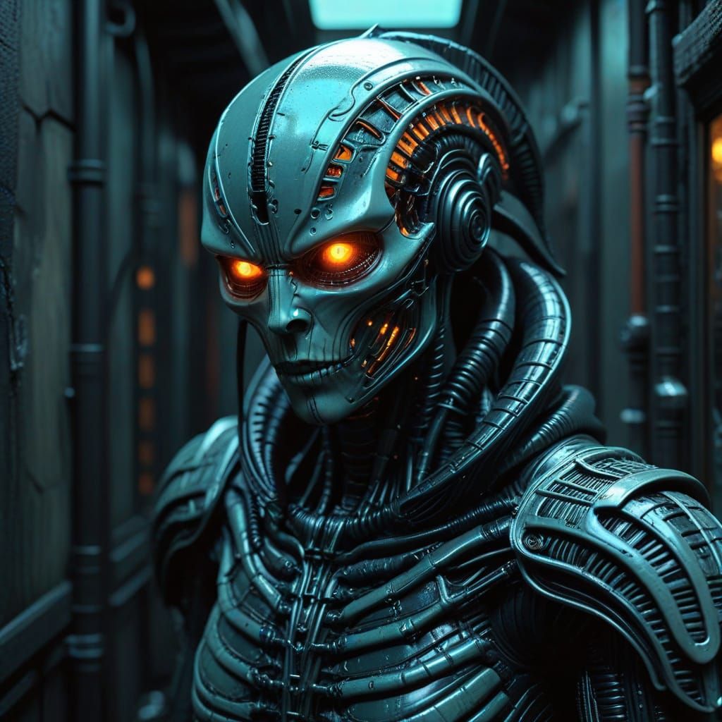 Renaissance Hooded Figure in Dystopian Cityscape