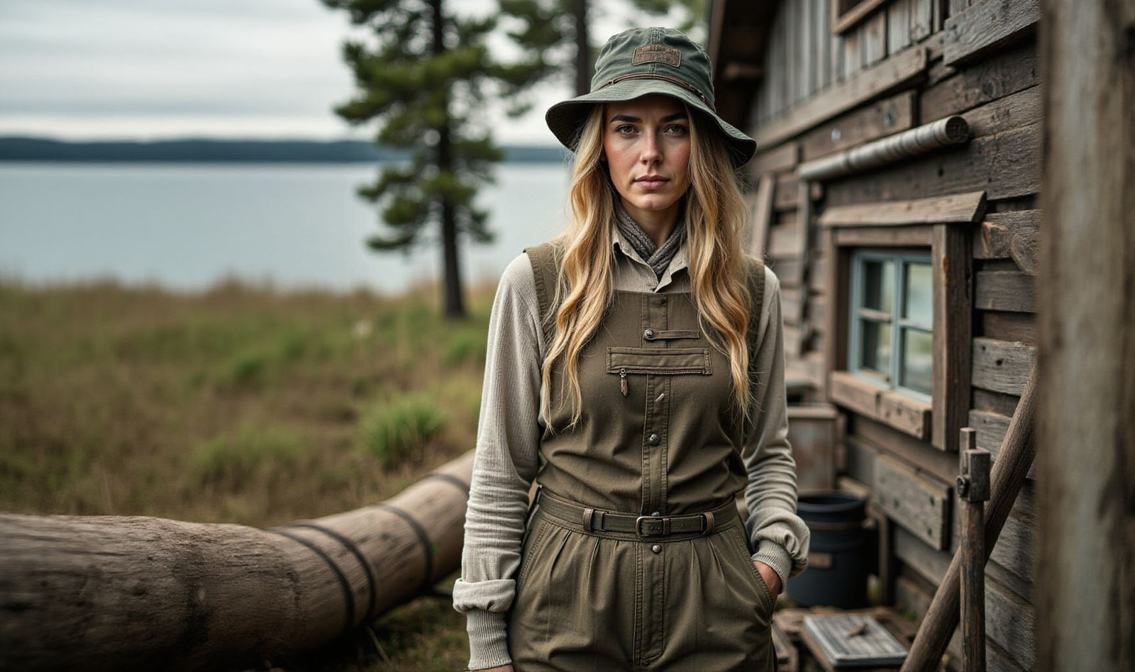 Coastal Cabin Scene: Blonde Woman in Abstract Reality