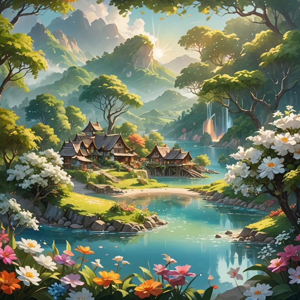 Serene Village in Lush Forest: Digital Fantasy Art