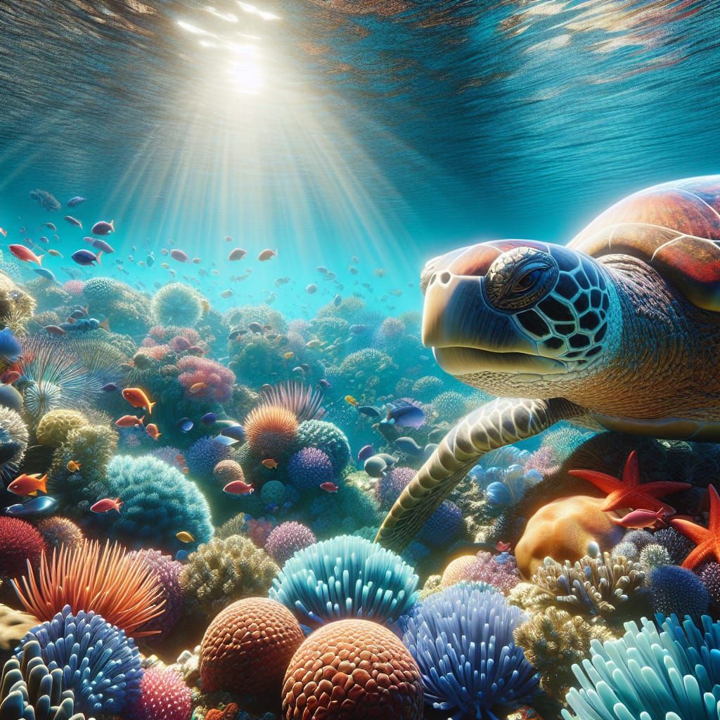 Majestic Sea Turtle Glides Through Coral Reef
