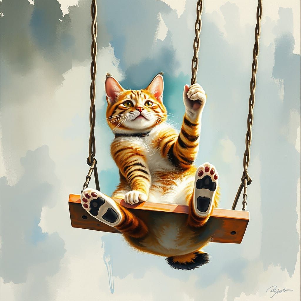 Vibrant Epic Masterpiece of a Cat in a Gouache Swing