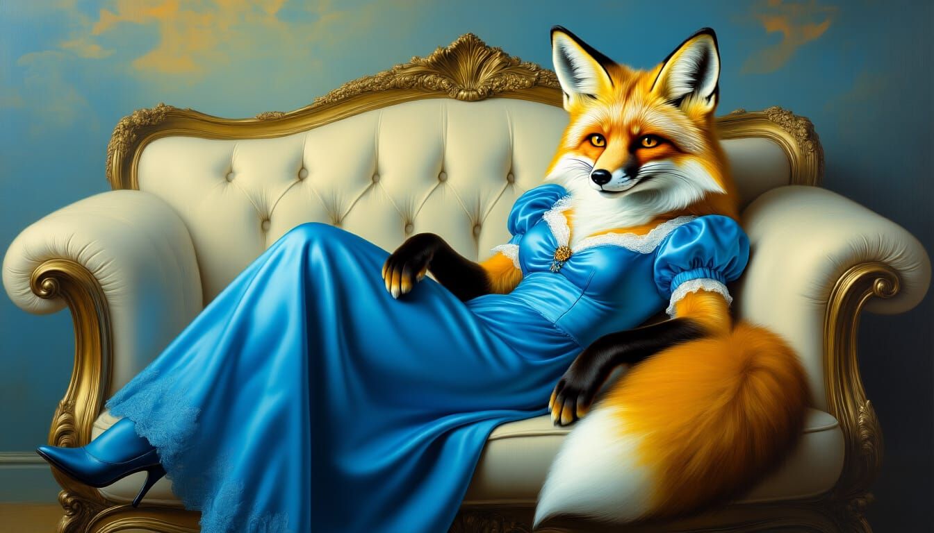 Anthropomorphic Fox Lounging: Surreal Mixed Media Art