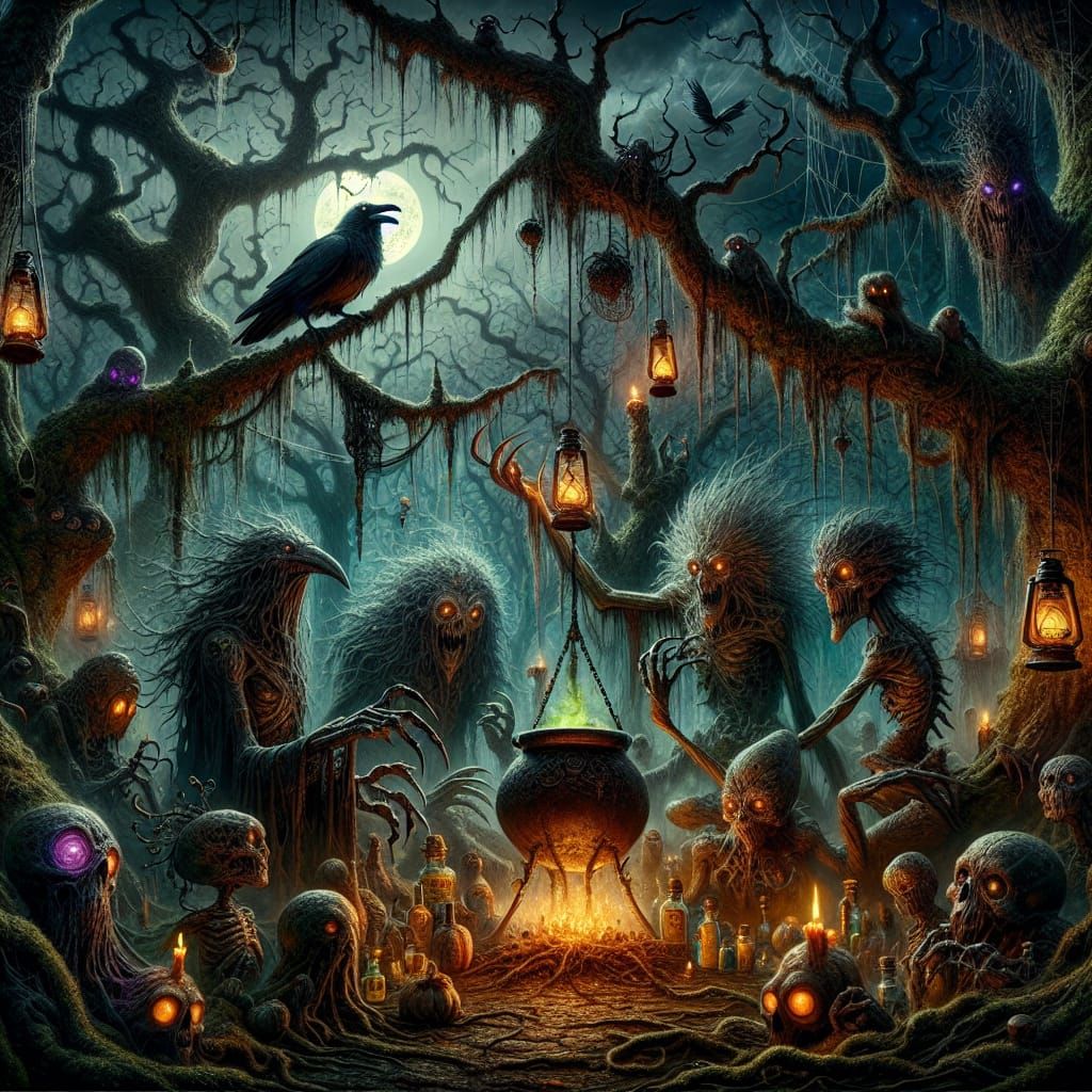 Ominous Forest at Nightfall with Grotesque Figures