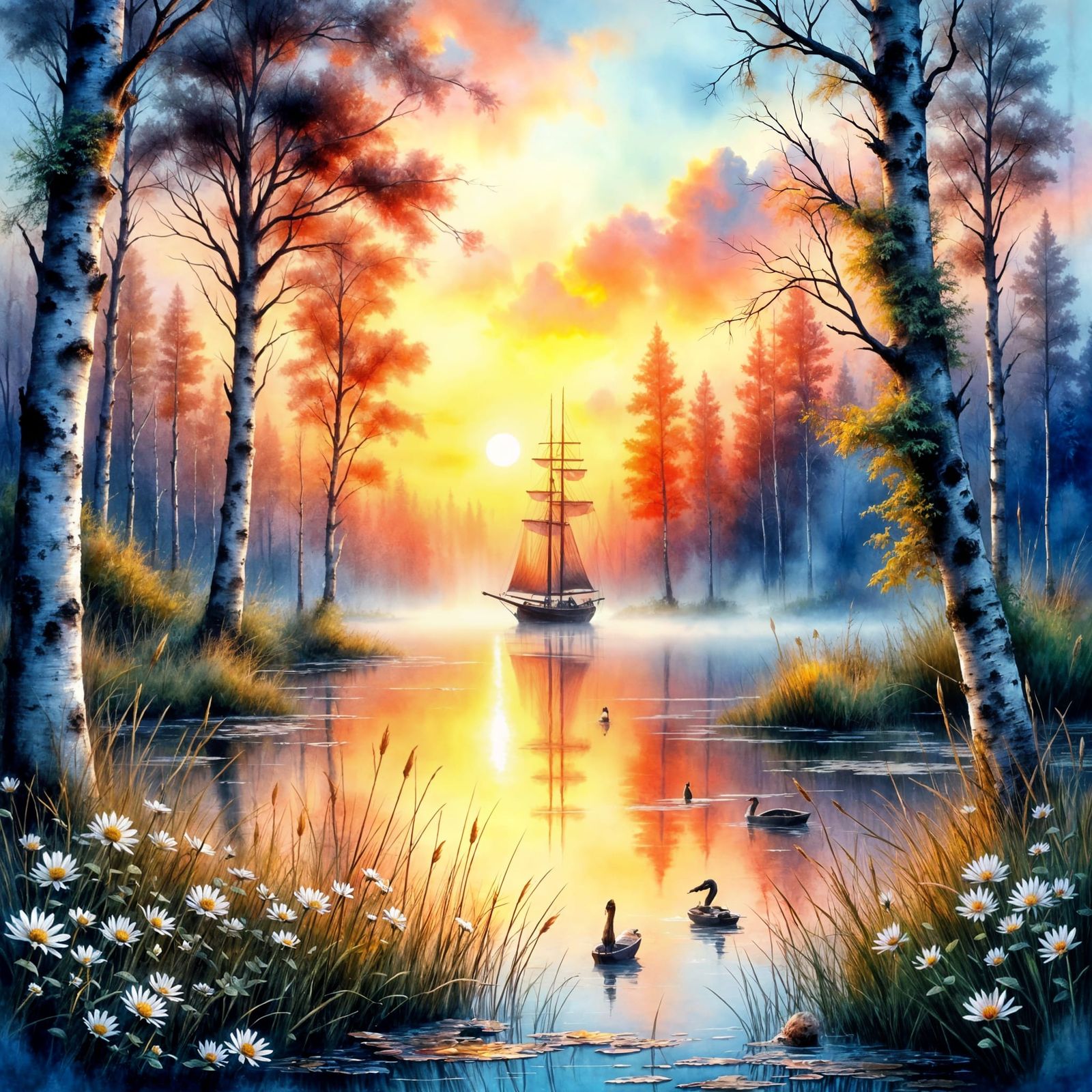Serene Sunset Lake Landscape in Gritty Antique Watercolor St...