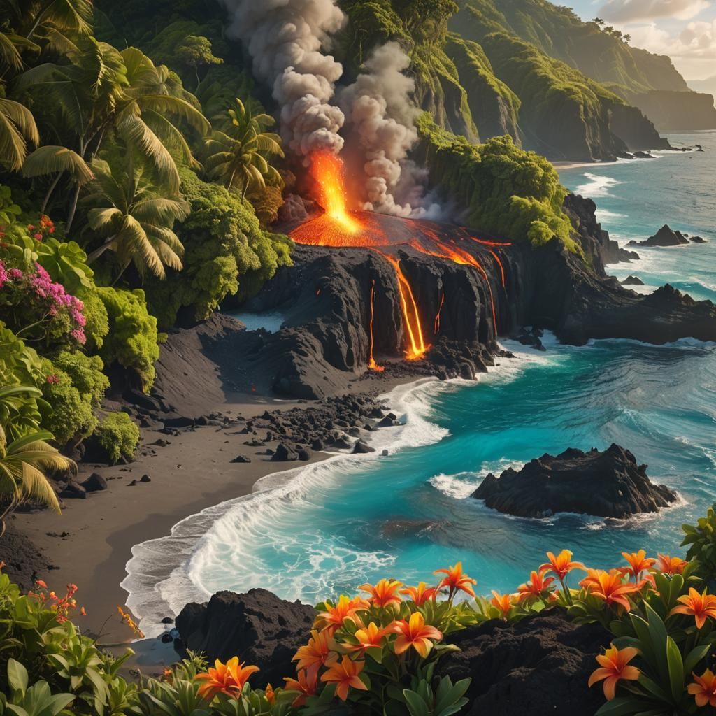 Volcano Eruption Near Ocean with Tropical Beach