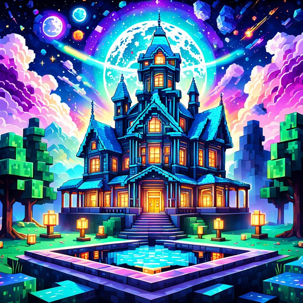 Minecraft Mansion in Holographic Cosmic Style