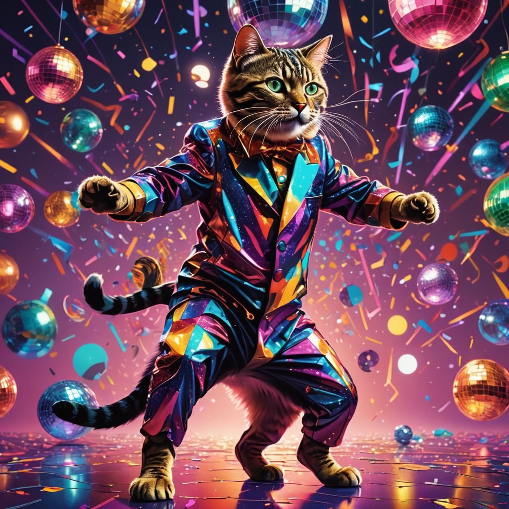 Glamorous Disco Feline Dances in a Whirling Dreamscape