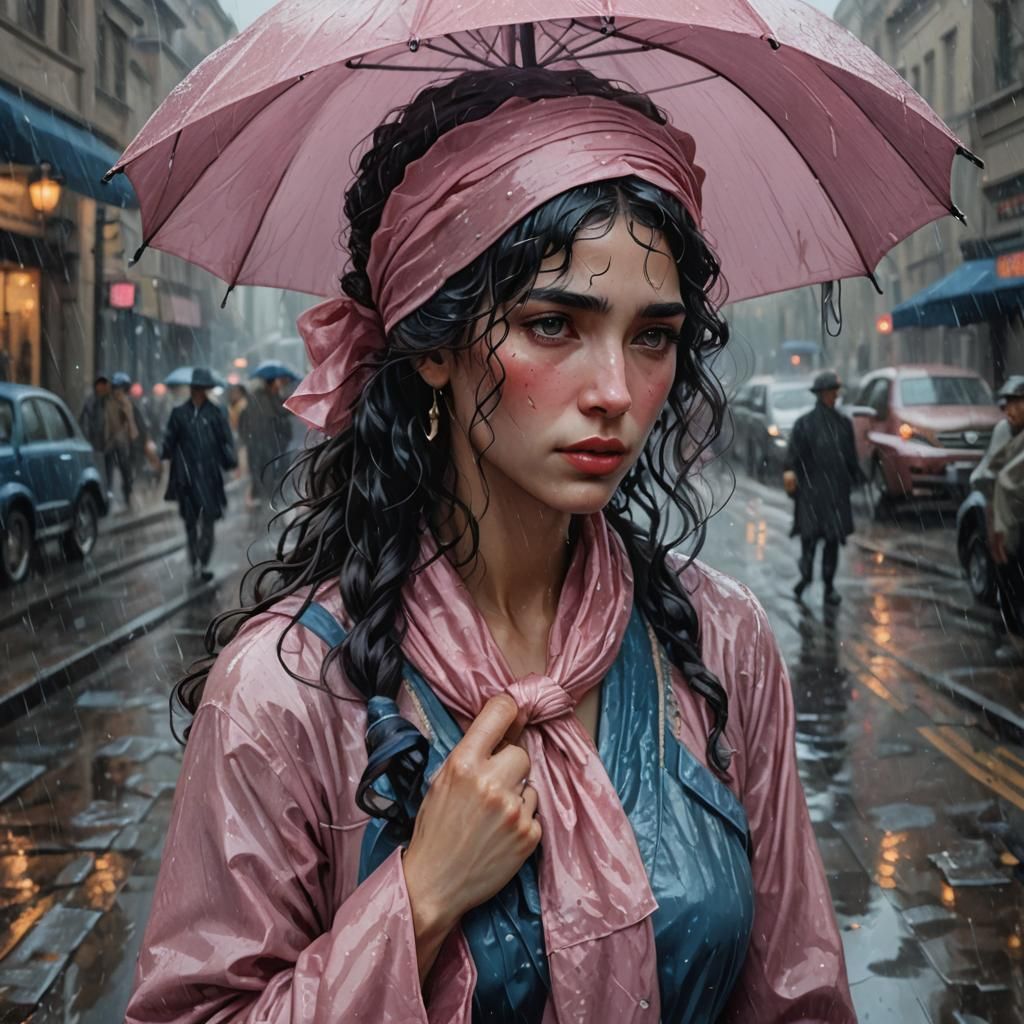 Sorrowful Woman Cries in the Rain: Digital Portrait