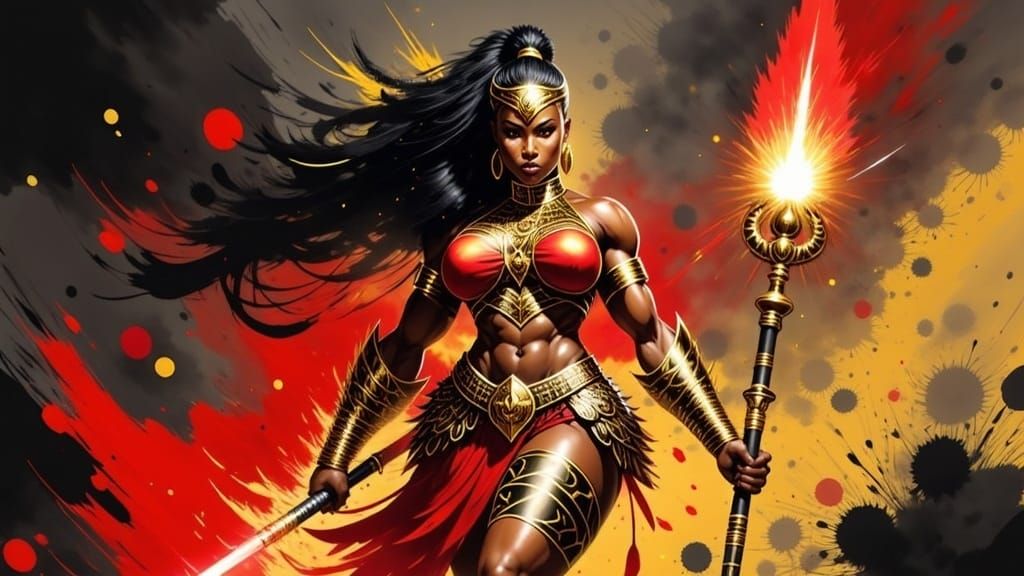 Exotic Warrior Goddess Charging Forward with Fury and Streng...