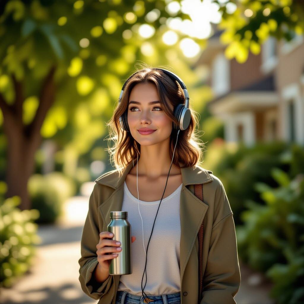 Thoughtful Woman Walking in Sun-Dappled Neighborhood