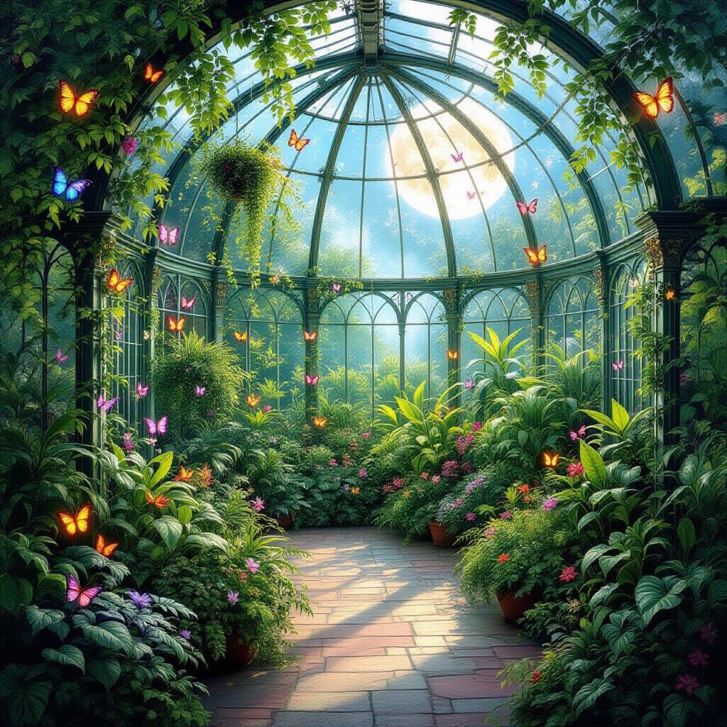 Magical Victorian Greenhouse Bathed in Moonlight