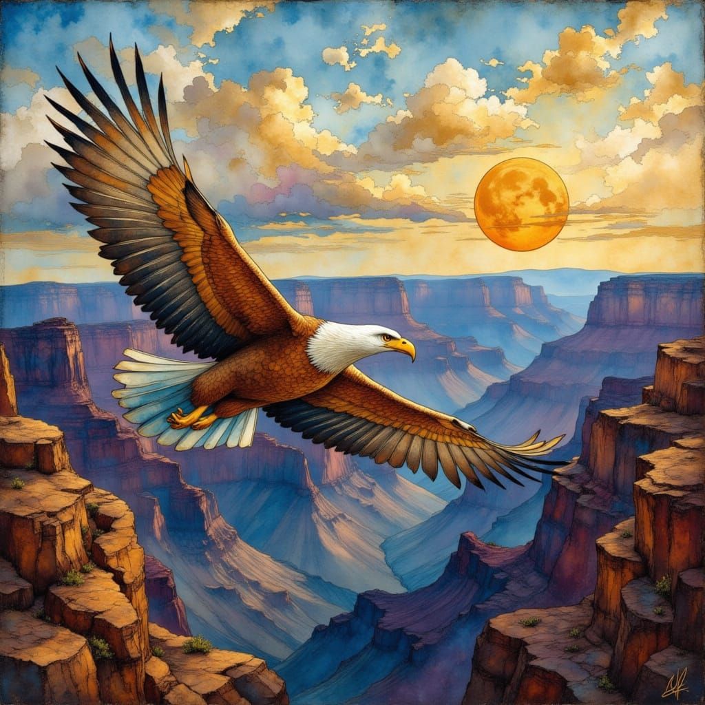 Golden Eagle Soars Over Grand Canyon in Abstract Ink Style