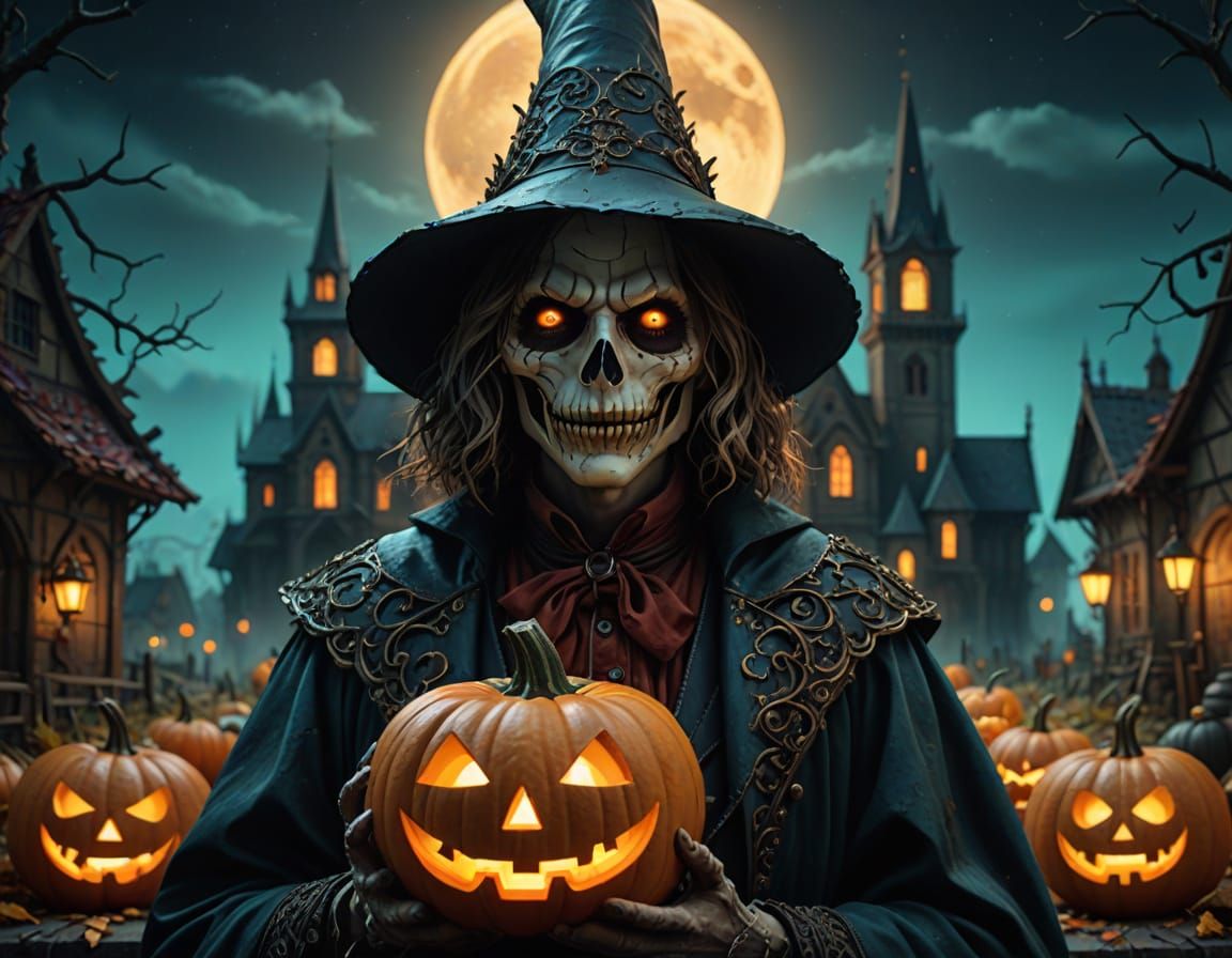 Gothic Cathedral Ruins with Scarecrow Phantom Under Blood Mo...